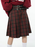 Getadme-American College Style Red Plaid Pleated Skirt Women's Spring Design Color Contrast A-line High Waist Short Skirt Femal