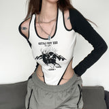 Goth Techwear Y2k Punk Women Sexy Bodysuit Mall Gothic Cargo Black Buckle Patchwork Alt Clothes Cut Out Printed Streetwear