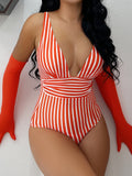 Getadme Striped One Piece Swimsuit Vintage Swimwear Women V-neck Bathing Swimming Suit Female Summer Beachwear Bodysuit