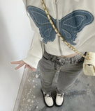 Harajuku Turn-down Collar Zip Up Jacket Women Crop Tops Y2k Vintage Butterfly Embroidery Denim Patchwork Jacket Coat Streetwear