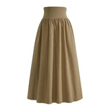 Getadme-A Line High Waist Drawstring Waist Retraction Fluffy Skirt Womens Vintage Pocket Solid Color Long Skirts Elegant Harajuku Skirts