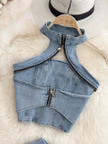 Getadme Women Halter Backless Sexy Denim Top Hig Waist Shorts New Two Piece Set Temperament Fashion Spring Summer