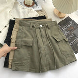 Getadme-Green Short Cargo Skirt Women Drawstring High Waist Mini Skirts Female Y2K Streetwear Big Pocket A-Line Skirts De Mujer