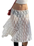 Lace White See-Through Floral Midi Skirt Sheer Mesh Low Waist Skirt Y2K Fairy Grunge Skirt Aesthetic Fairycore Beachwear