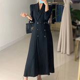 Getadme-Fashion Solid Belt Dress Women Spring Autumn Notched Long Sleeve Office Ladies Blazer Dress Female Long A-Line Black Dress