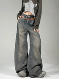 Getadme-Washed Wide Leg Jeans Women American Retro Street Loose Straight-leg Pants Y2k Hip Hop Fashion High Waist Jeans