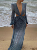 Sexy V-Neck Backless Hollow Out Dress Summer Women Lantern Sleeve Club Party Long Maxi Dresses Tunic Beach Cover Up