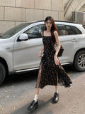 Getadme-Y2k Vintage Black Floral Dress Women Korean Style Mesh Irregular Split One Piece Slip Long Chiffon Fairy Dresses Summer
