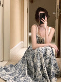 Getadme-French Floral Strap Midi Dress Woman Elegant Sleeveless Even Party Dress Office Lady 2023 Summer Beach Casual Korean Style Dress