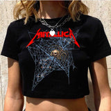 Getadme Goth Skeleton cobweb print grunge graphic short sleeve crop top y2k Harajuku Punk basic Tee Slim T-shirt dress sexy black
