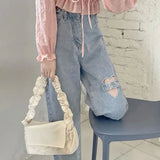 Getadme- Heart Ripped Jeans Women Korean Style High Waist Light Blue Straight Pants Woman Trendy Student Wide Leg Denim Pants