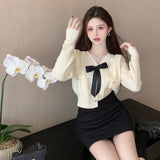 Knit Sweater Women's Cardigan Autumn  Winter Vintage Long-Sleeved White Outer Wear Korean Style V-Neck Y2K Top Kawaii Sweater