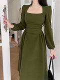 Getadme-Folds Puff Sleeve Corsets Women Midi Dress Sexy Elegant Bodycon Autumn Elegant Party Casual Lady Long Dress Streetwear
