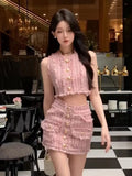 Getadme High Quality French Vintage Small Fragrant Tweed Two Piece Set Women Y2K Streetwear Tank Tops + Skirt Sets Sweet 2 Piece Suits