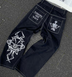 Getadme American retro y2k skeleton print black jeans drop feeling loose straight leg tide brand wide leg loose high street pants