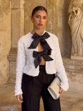Sequins Sparkling Bow Jackets Women Shiny Evening Christmas Short Coats Female Elegant Long Sleeve Chic Partywear Tops
