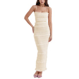 Women Sling Long Dress, Sleeveless Off Shoulder Solid Color Ruffle Party Club Summer Spring Dress