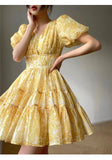 Getadme-Women's Yellow Print V-Neck Bubble Short Sleeve Dress Summer New Elegant Style Female A-line Patchwork Vintage Short Skirt
