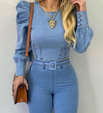 Getadme Denim Shirt Women New Light Blue Long Bubble Sleeve Blouses Skinny Slim Fit Francais Tops Korean Streetwear Blusas Mujer De Moda