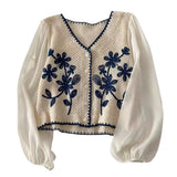 Women Casual V-Neck Button Down Cropped Cardigan Puff Long Sleeve Elegant Embroidery Floral for JACKET Cover Up Blouse