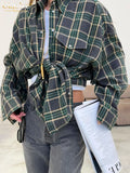 Getadme-Clacive Fashion Loose Plaid Women'S Blouse Elegant Lapel Long Sleeve Office Shirts And Blouses Vintage Pocket Lace-Up Top Female