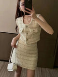 High Street Small Fragrant Tweed Two Piece Set Women Sexy Tank Crop Top + Mini Skirt Suits Female Y2k Streetwear 2 Piece Sets