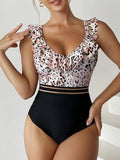 Leopard Ruffle  One Piece Swimsuit Women 2023 High Waist Mesh Tape Swimwear Female Beachwear V-neck Bathing Swimming Suit Summer