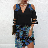 Getadme-Dress Women Elegant V Neck Summer Off Shoulder Lace Mesh Patchwork Mini Dress Female Loose Print Beach Short Dress