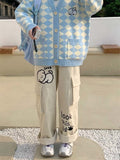 Getadme Harajuku Kawaii White Corduroy Pants Sweet Cartoon Embroidery Wide Leg Cargo Trousers Oversized Japanese Style Pantalon