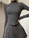 Sweetown Gray Stitched Tops Women Zip Up Turtleneck Long Sleeve Skinny Casual Streetwear Tees Irregular Hem Basic Korean T Shirt
