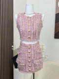 Getadme High Quality French Vintage Small Fragrant Tweed Two Piece Set Women Y2K Streetwear Tank Tops + Skirt Sets Sweet 2 Piece Suits