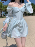 Getadme Long Sleeve Dress Female Blue Sweet A-Line Summer High Waist Vintage Slim Fairy Dress Princess Dress Sundress Beachwear Holiday