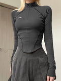 Getadme-Casual Zip Up Turtleneck Crop Top Stitched Long Sleeve Skinny T-shirts y2k Aesthetic Streetwear Harajuku Women Clothing
