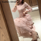 New Pink Lace Woman Dresses 2023 Autumn Long-sleeve Floral Embroidery Elegant Party Maxi Dress Woman Bud Bodycon