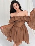 Getadme French Sexy Off Shoulder Dress Women Koaren Flare Sleeve Pure Desire Waist Slim Chic Stunning Royal Sister Robe Women Vestidos