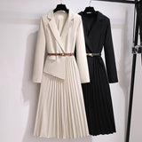 Vintage Pleated Belt Patchwork One Piece Blazer Dress Women Elegant Office Ladies Long Sleeve Notched Female Spring Midi Dresses