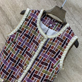 Getadme-Autumn/Winter New Colorful Plaid Chain Gold Button Double Pocket Round Neck Tweed Sleeveless Tank Top midi woman Dress
