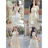 Women's Summer Dress Chiffon Fairy Solid Chic Party Midi Dress 2023 New Korean White Elegant High Waist Slim Long Skirt Y2k