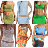 Getadme Two Piece Skirt Set Women's Suit y2k Clothes Summer Sexy Outfit Cropped Top and Split Skirt Chic Elegant Female Clothing