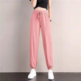 Large Size Ice Silk Wide Leg Bloomers Pants Women's Summer Thin Drape Loose Straight Casual Pants Student Sports Cool Sweatpants
