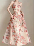 Summer Floral Midi Dress for Women 2023 New Fashion Fairycore Spaghetti Strap Summer Dress Elegant Neck Mounted Backless Dress