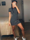 Summer Casual Striped O-neck Short-sleeved Dress Black And White Striped Dresses Casual Elegant Sheath Slim Dress