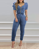 Summer Casual Women's Jumpsuit Puff Sleeve Zipper Front Belted Jumpsuit