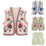Getadme Vintage Women Floral Embroidery Vest Jackets Summer National Style Open WaistCoat Casual Patchwork V Neck Ladies Short Vest Tops
