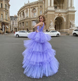 Getadme-Lavender Tiered Ruffles Tulle Evening Dresses V-Neck Sleeveless Pleat Ruched Prom Dress Wedding Party Gowns 2023