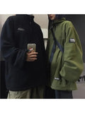 HOUZHOU Vintage Fleece Green Jackets Women Harajuku Streetwear Oversize Zip Up Sweatshirts Female Korean Fashion Basic Hoodies