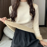 Getadme-Autumn Winter Sweater Women Velvet Half Turtleneck Bottoming Solid Color Simple Soft Thermal Top Long-Sleeved Thickened T-Shirt