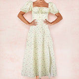 Getadme-Summer Grace Sweet Vestidos Women's French Bubble Sleeve Printing Floral Dress Short Sleeve Side Split Irregular Dresses