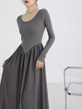 Style Fashion Elegant Women A Line Dress Summer Elastic Slim Long Sleeve Midi Dress High Waist O Neck Pleated Dress