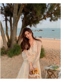 Getadme Elegant Chiffon Floral Dress for Women Long Sleeve V-neck Clothes Party Beach Sweet Dress Females  Summer Korean Chic Style